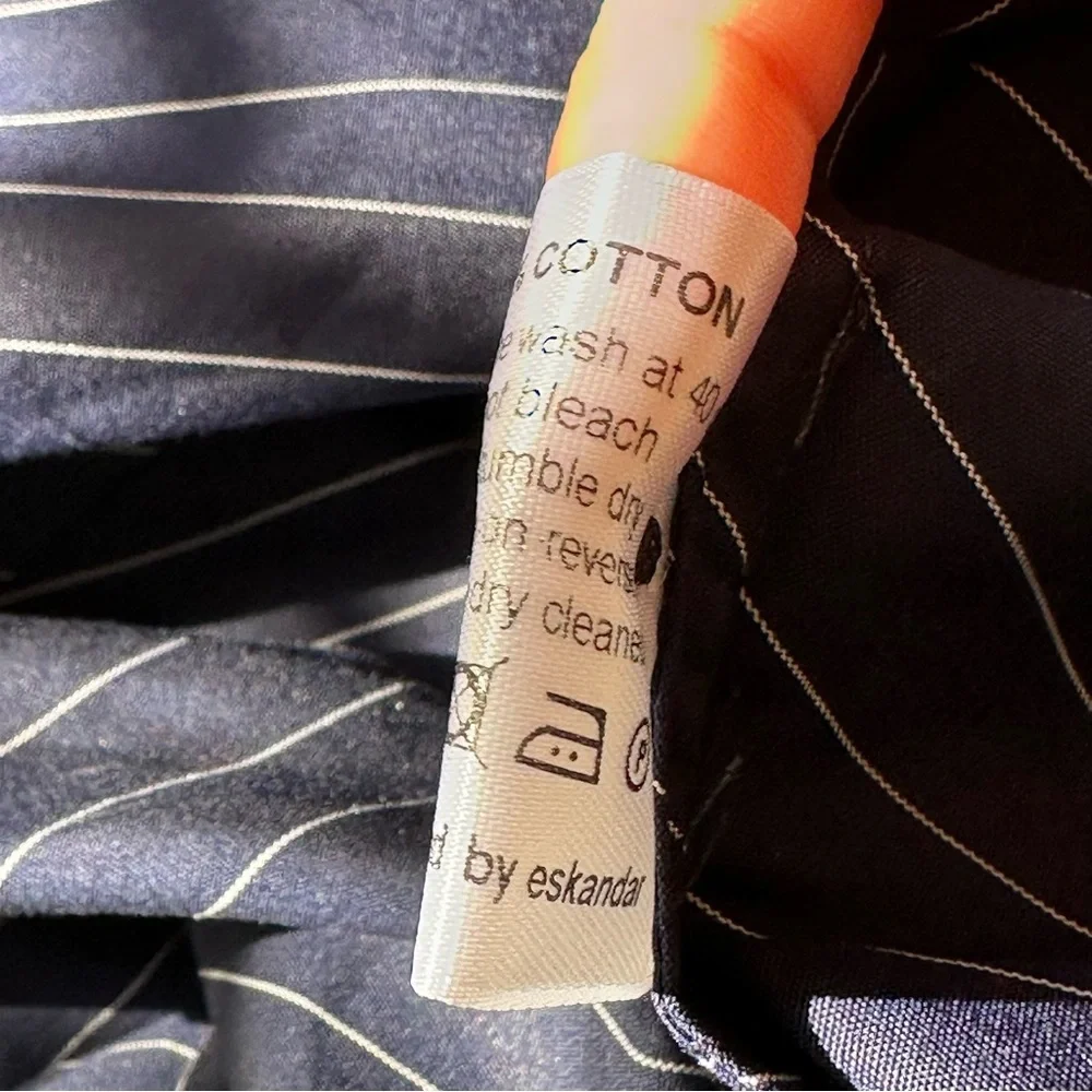 Eskandar Double Stand Collar Botton Shirt Navy Stripe Patchwork Cotton Luxury - Picture 8 of 13